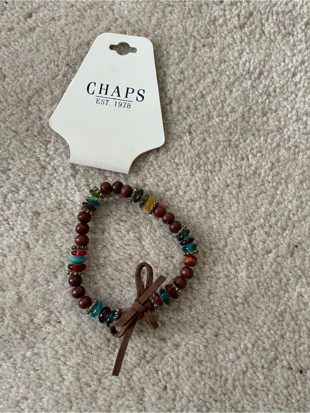 Chaps Brown Beaded Bracelet with Multicolor Accents and Leather Bow
